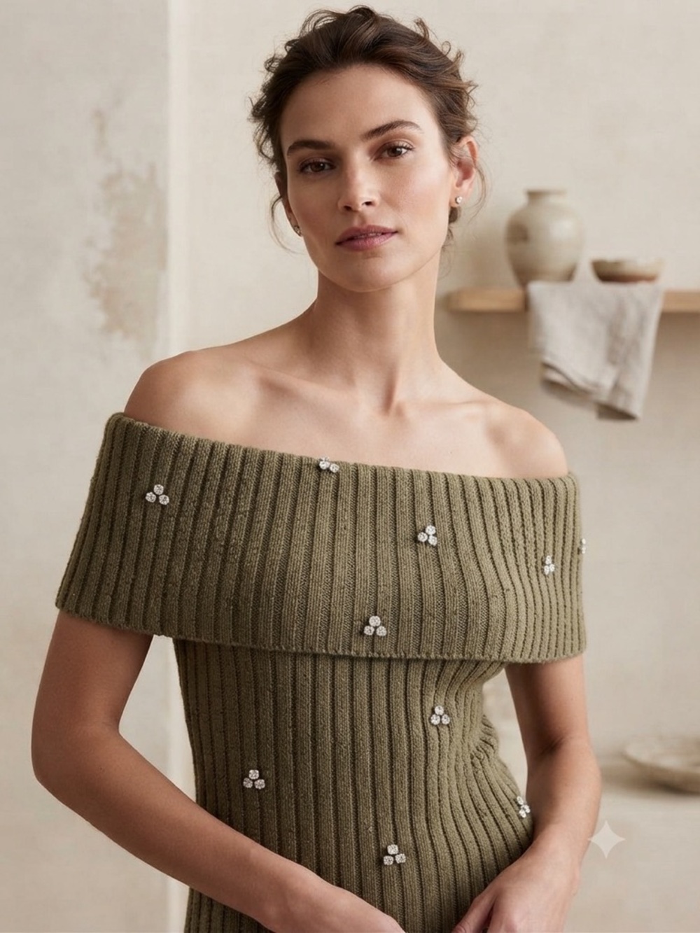 Zara Olive Green Off-the-Shoulder Ribbed Sweater with Crystal Motifs